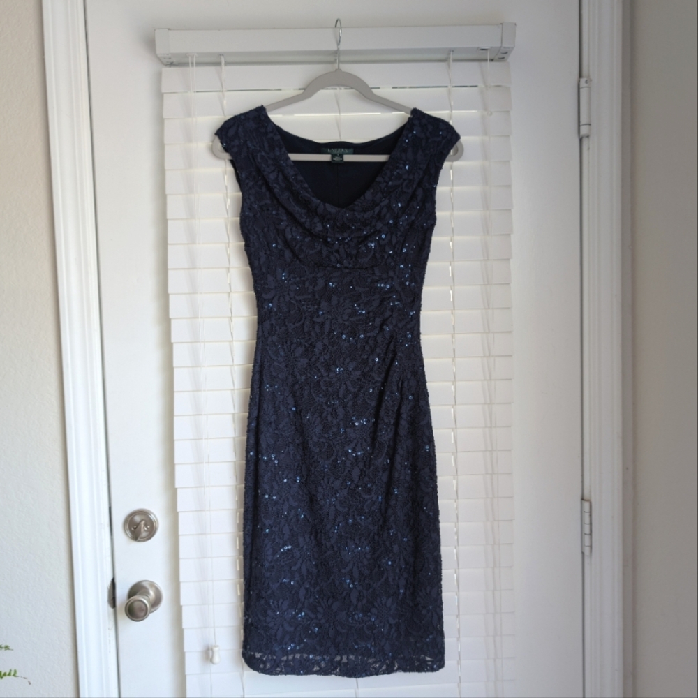 Lauren Ralph Lauren Navy Blue Sequin Ruched Cowl Neck Sheath Dress Size 2